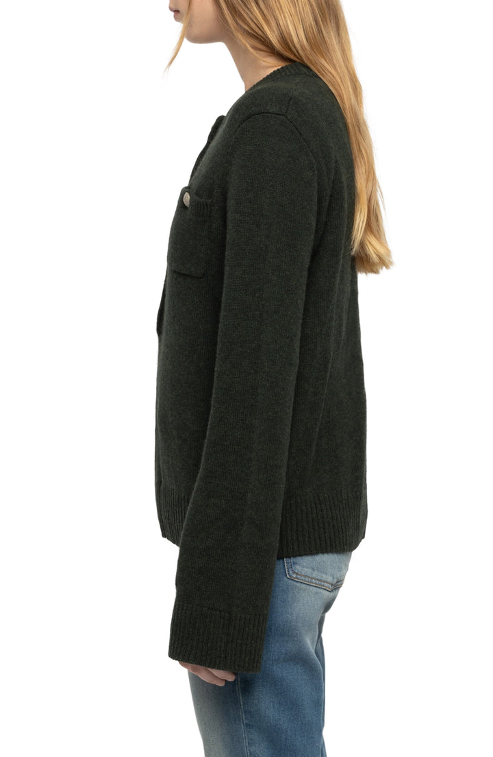 Dark forest green knit cardigan sweater with chest pocket and button detail, side view