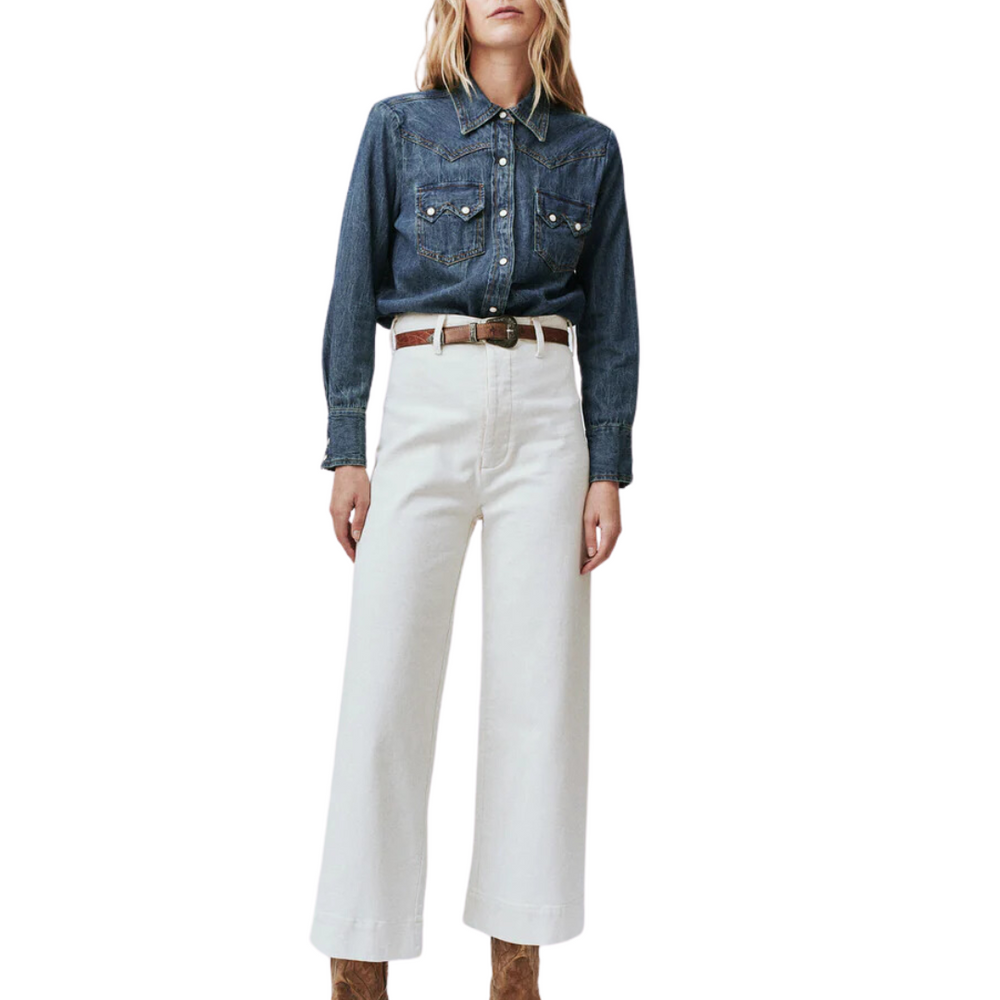 The Great Howdy Top dark wash denim western shirt with pearl snap buttons