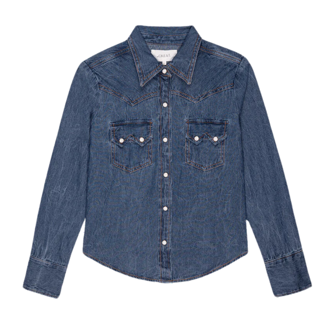 The Great Howdy Top medium wash denim western shirt with pearl snap buttons