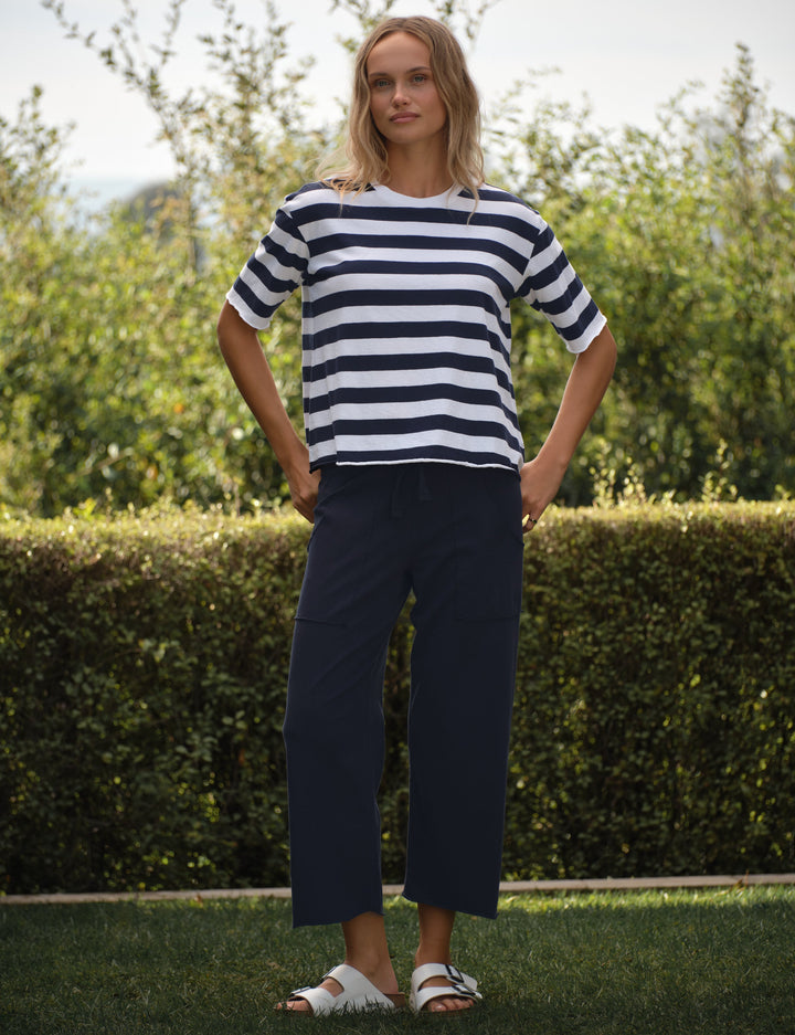 Frank & Eileen navy cropped wide-leg patch pocket pants styled with striped tee