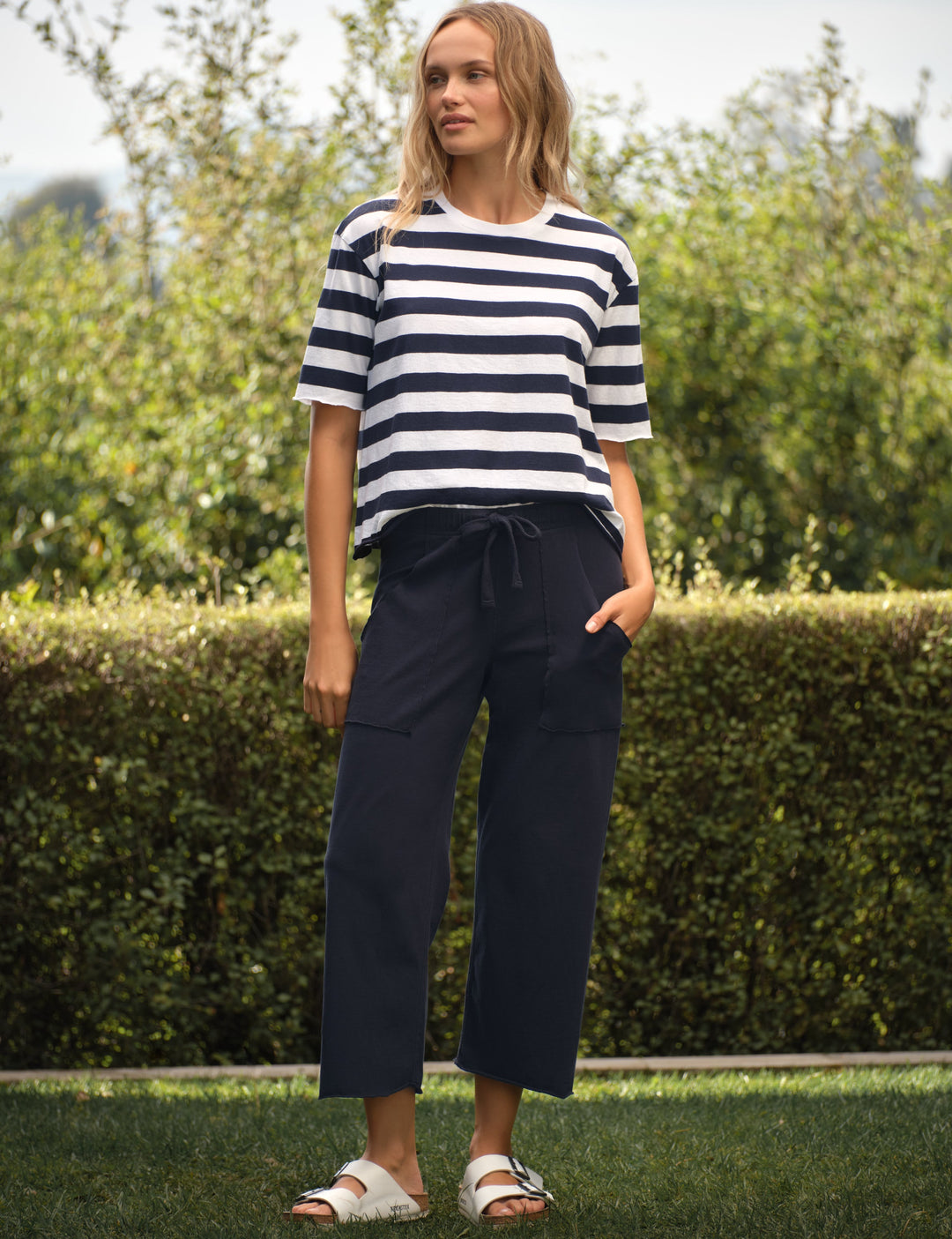 Frank & Eileen navy wide-leg crop pants with drawstring waist and patch pockets