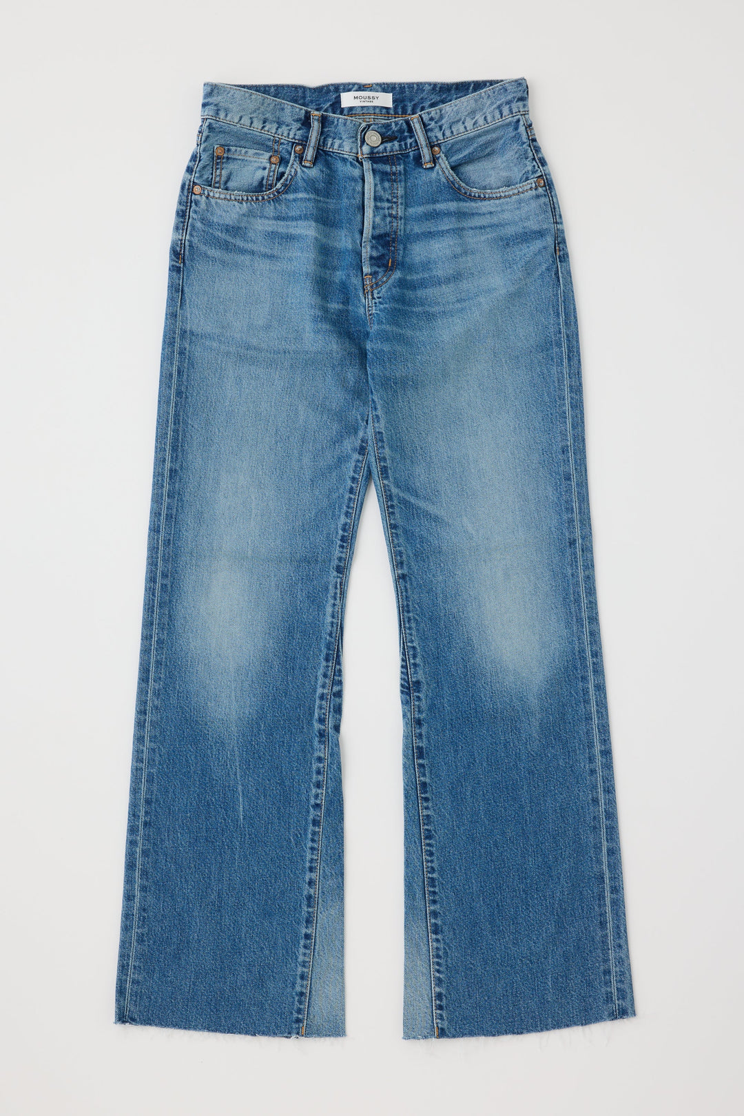Moussy Vintage Remake Flare jeans in medium blue wash with raw hem