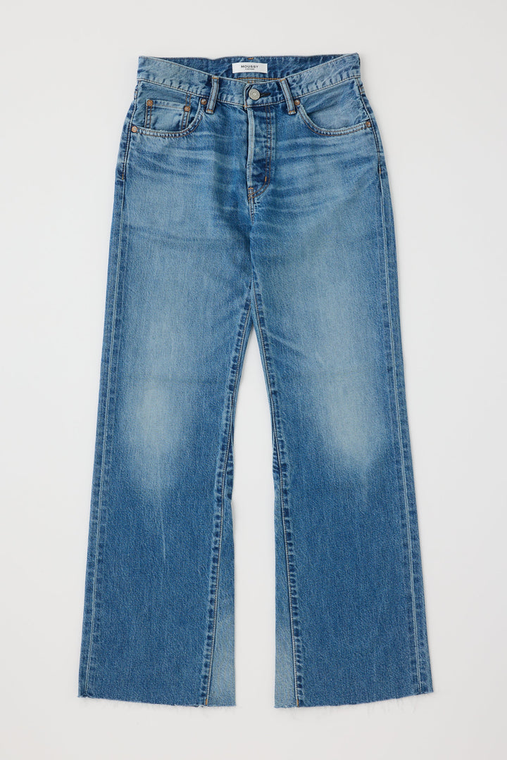 Moussy Vintage Remake Flare jeans in medium blue wash with raw hem