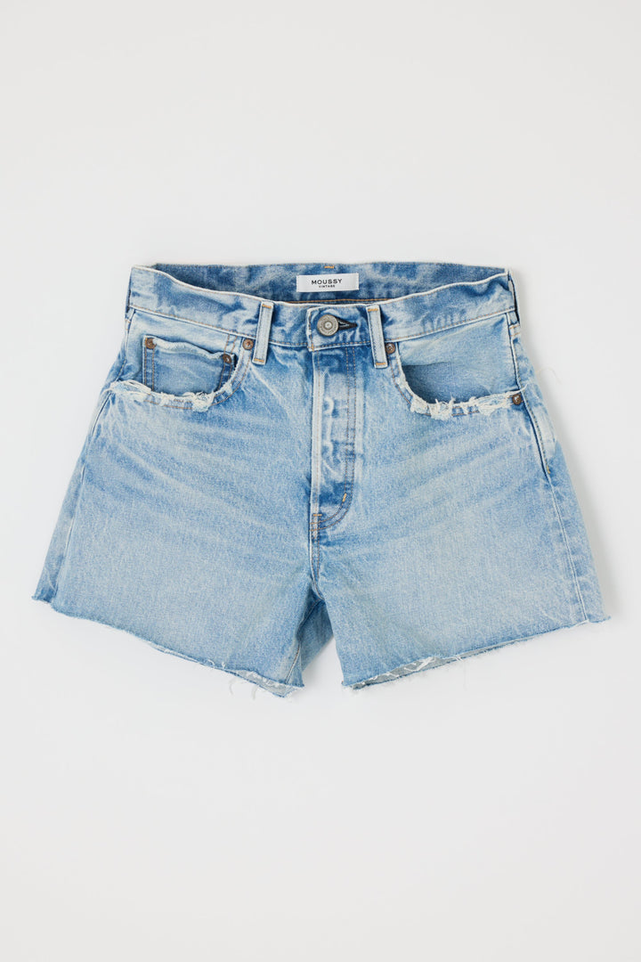 Moussy Vintage Southborough light wash denim cutoff shorts with frayed hem and pockets