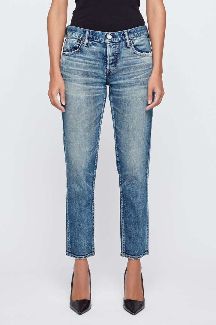 Moussy Vintage Alice tapered jeans in medium blue wash worn by model