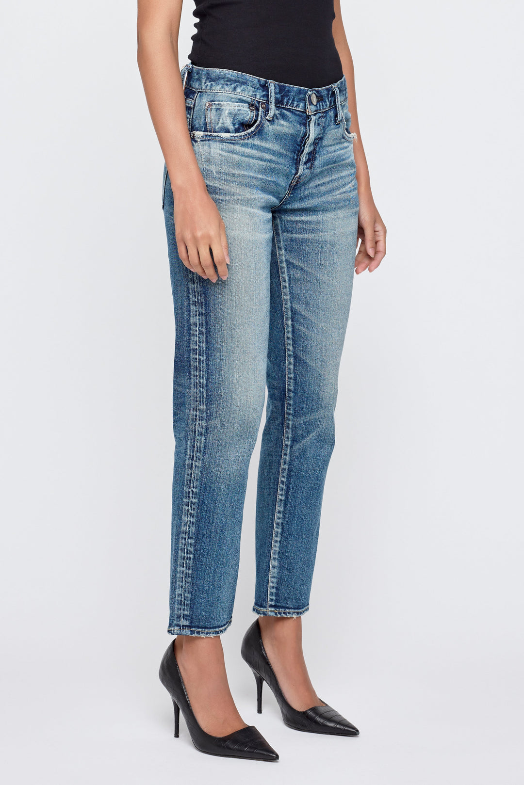 Moussy Vintage Alice tapered jeans in medium wash blue denim with black heels