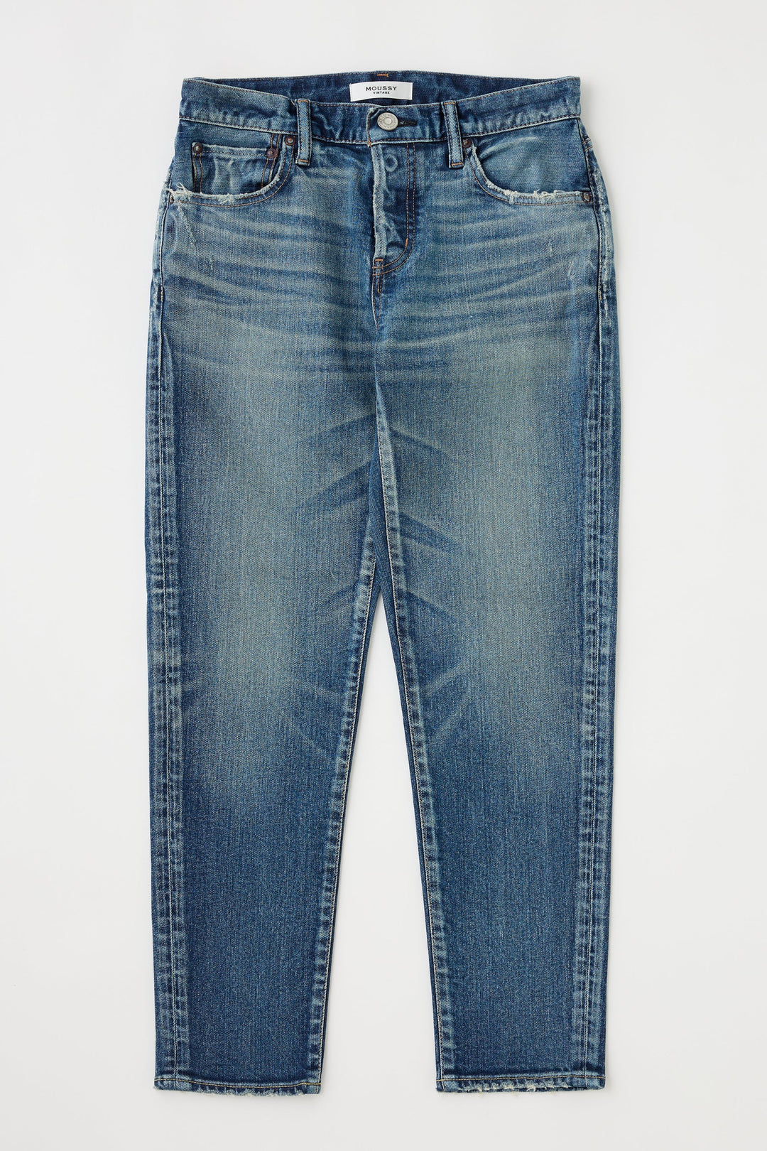 Moussy Vintage Alice tapered blue denim jeans laid flat on white background