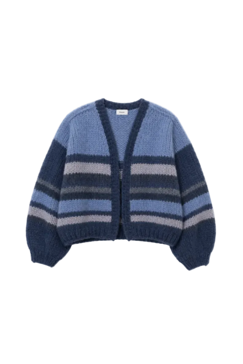 Maiami striped wool alpaca mix bomber cardigan in blue and navy tones with balloon sleeves