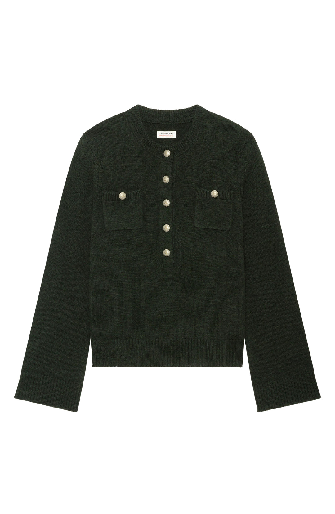 Zadig & Voltaire dark green knit cardigan with silver buttons and chest pockets