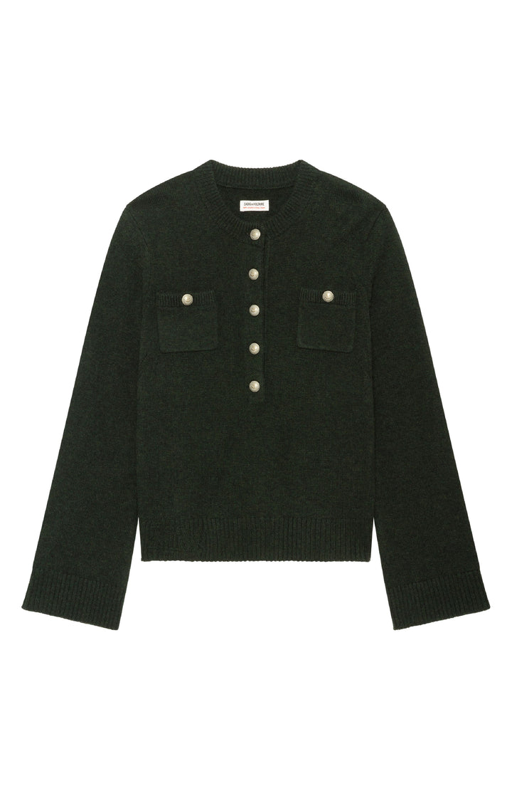 Zadig & Voltaire dark green knit cardigan with silver buttons and chest pockets