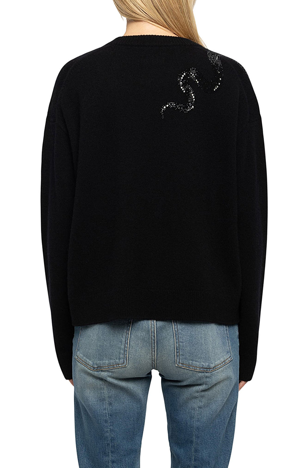 Zadig & Voltaire black knit sweater with crystal snake embellishment on upper back