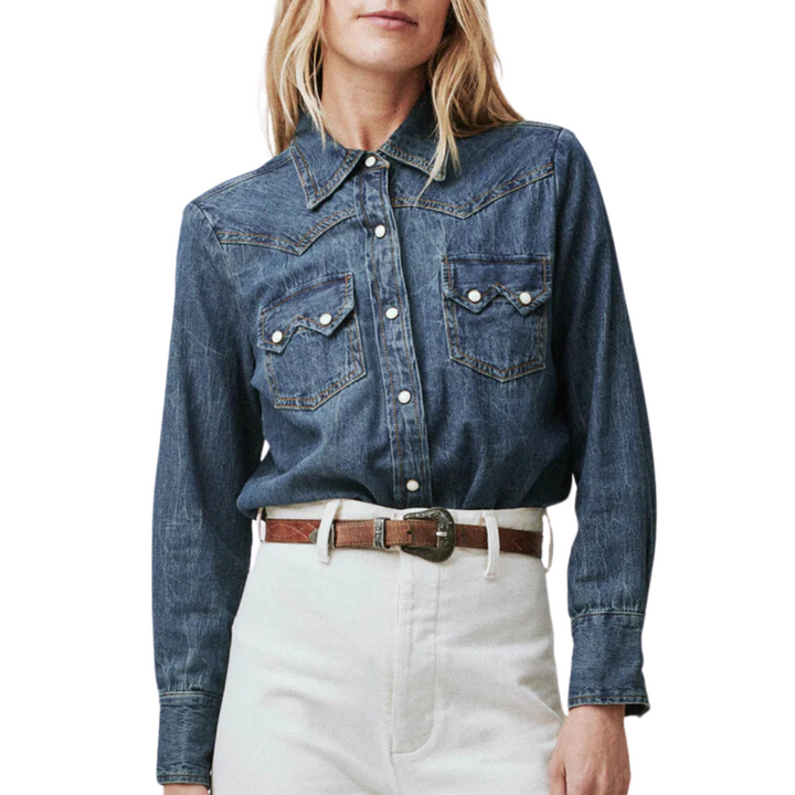 The Great Howdy Top denim western shirt with snap buttons and chest pockets