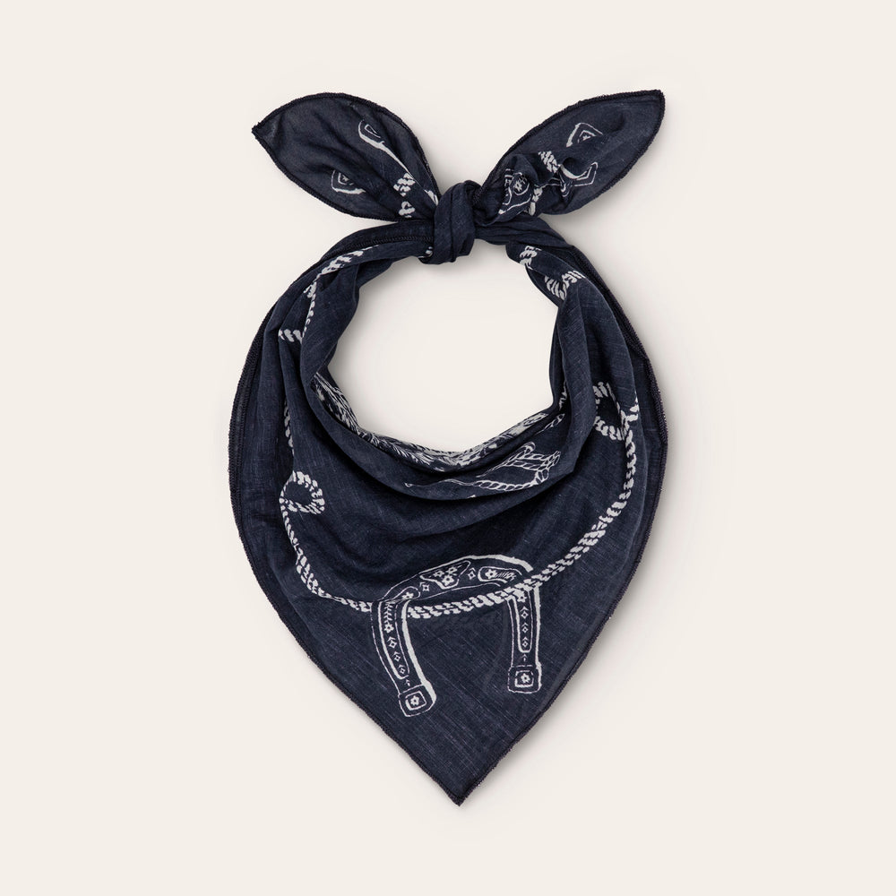 Navy blue western bandana with white rope and horseshoe print pattern