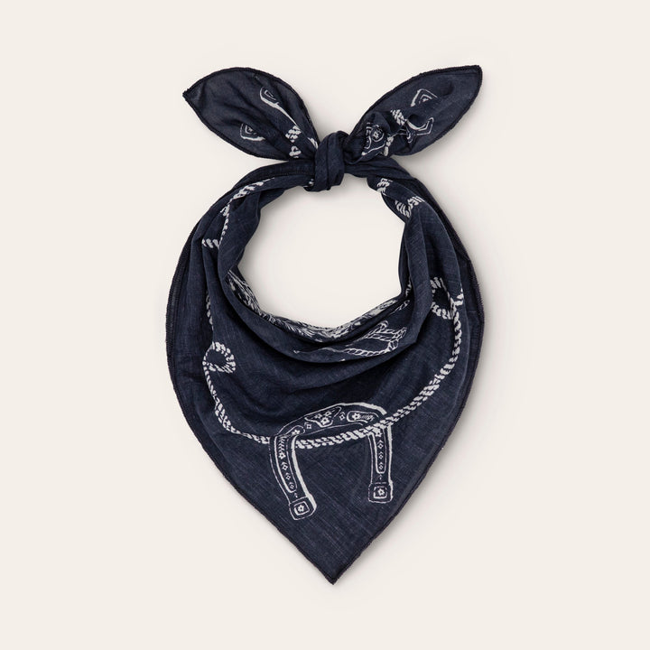Navy blue western bandana with white rope and horseshoe print pattern
