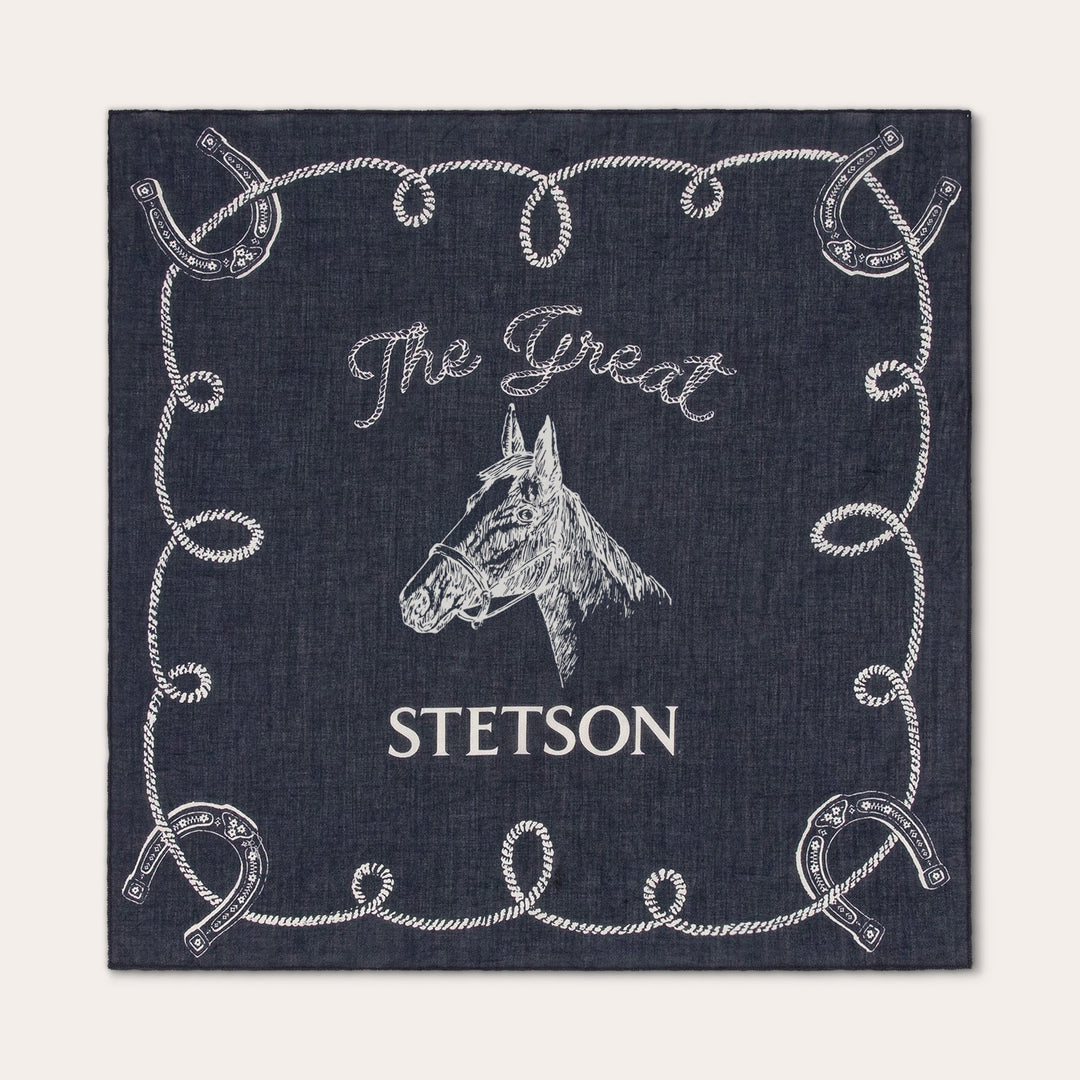 Navy blue western bandana with white horse head and rope border design featuring Stetson branding