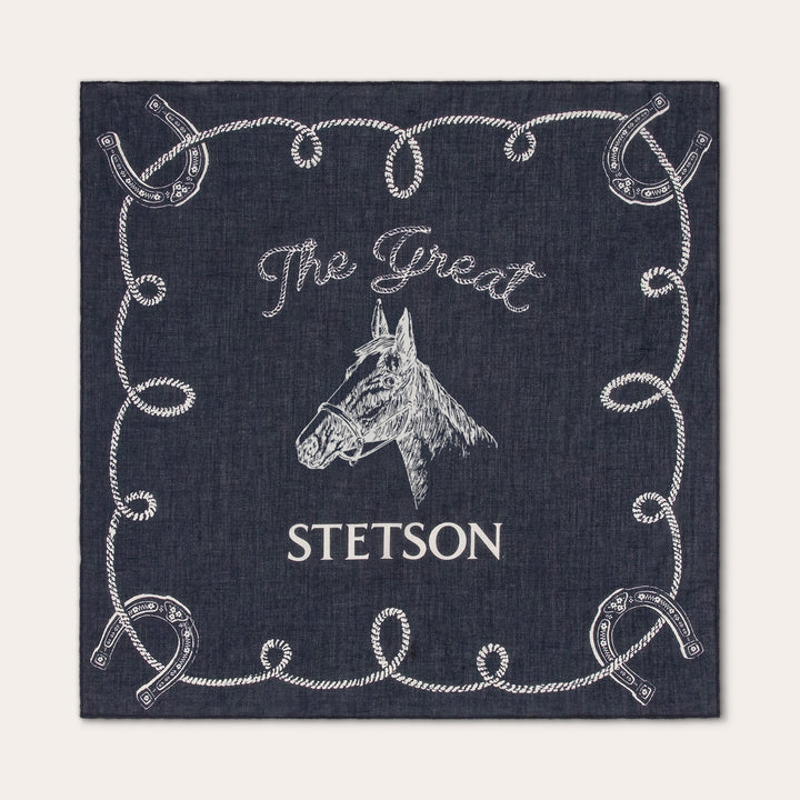 Navy blue western bandana with white horse head and rope border design featuring Stetson branding