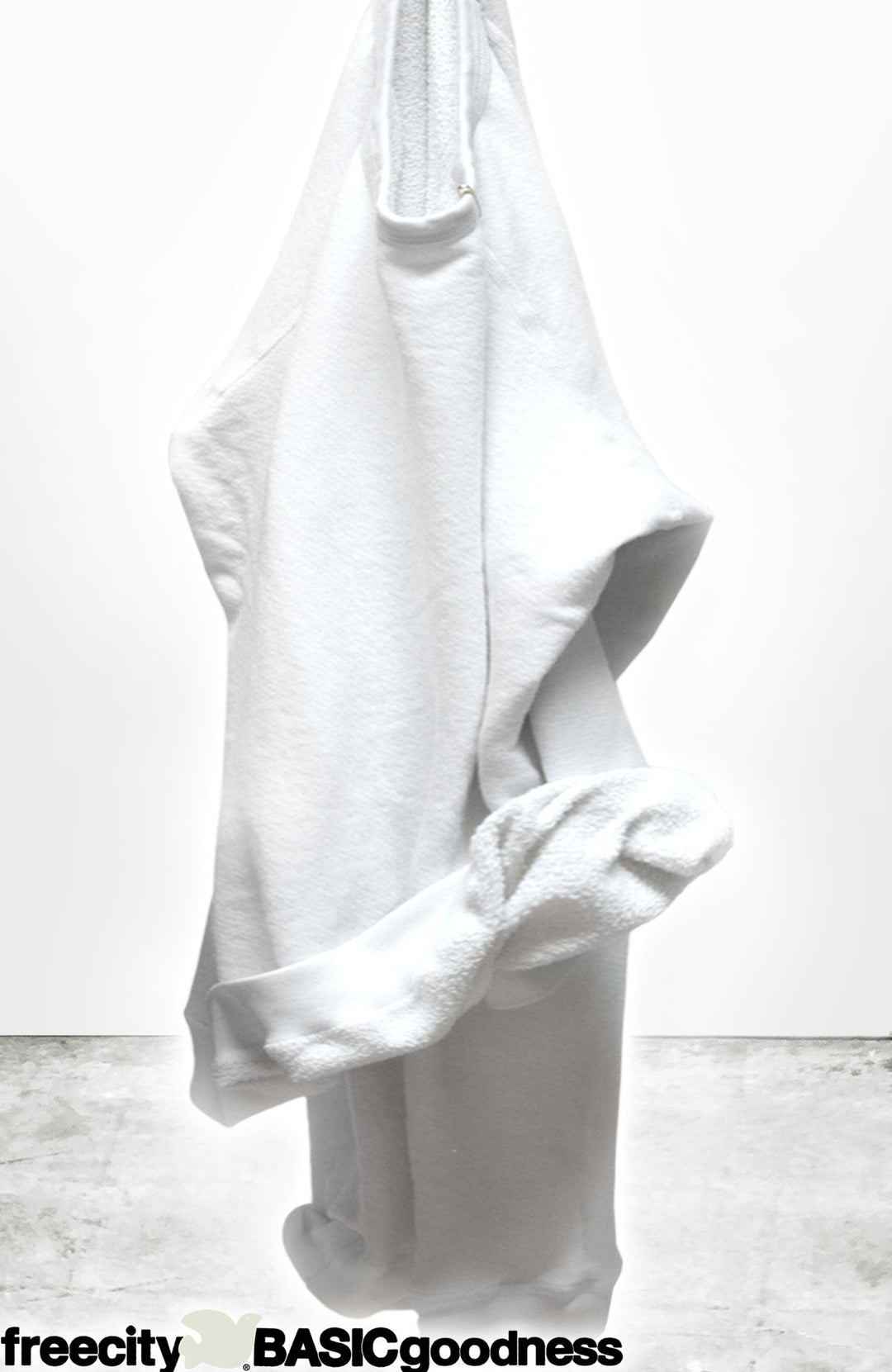 Free City white hooded sweatshirt with drawstring hood against clean white background