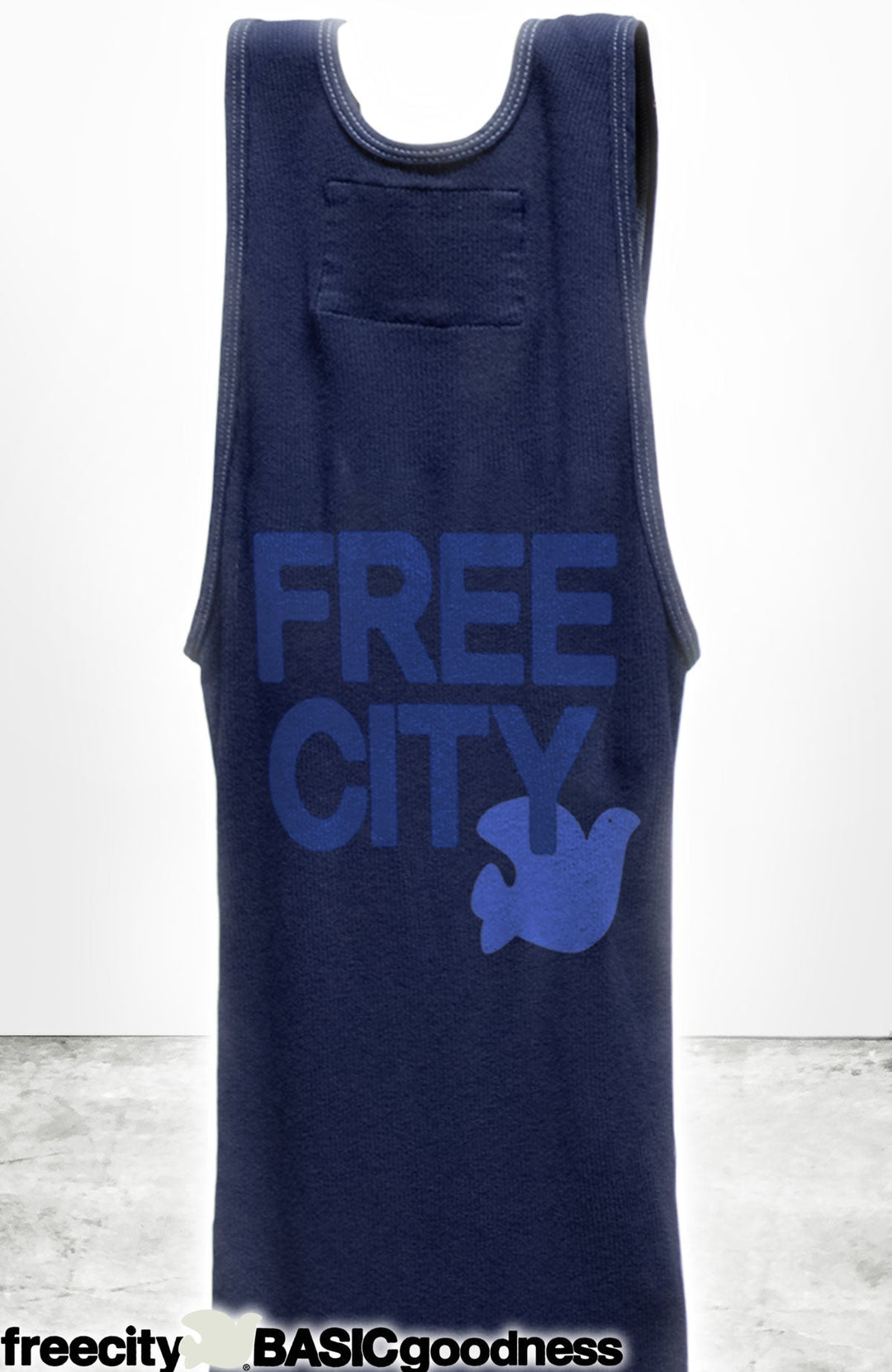Navy blue Free City tank top with FREE CITY logo and dove graphic