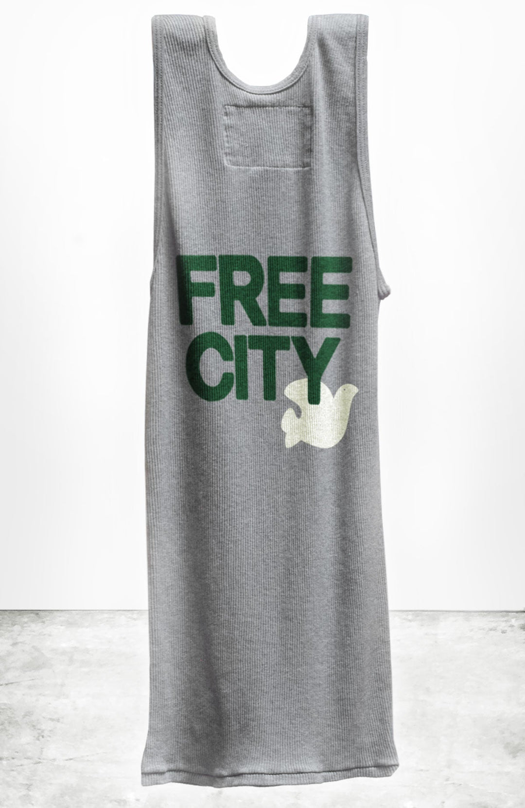 Gray heather sleeveless tank dress with FREE CITY text and white logo graphic