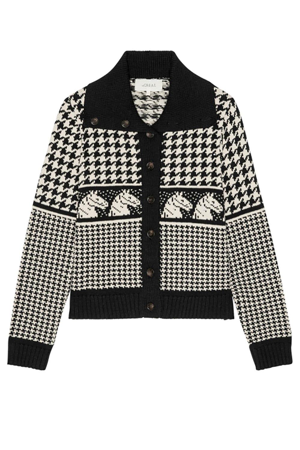 The Great Pony Cardigan in black and white houndstooth knit with horse motif and button front