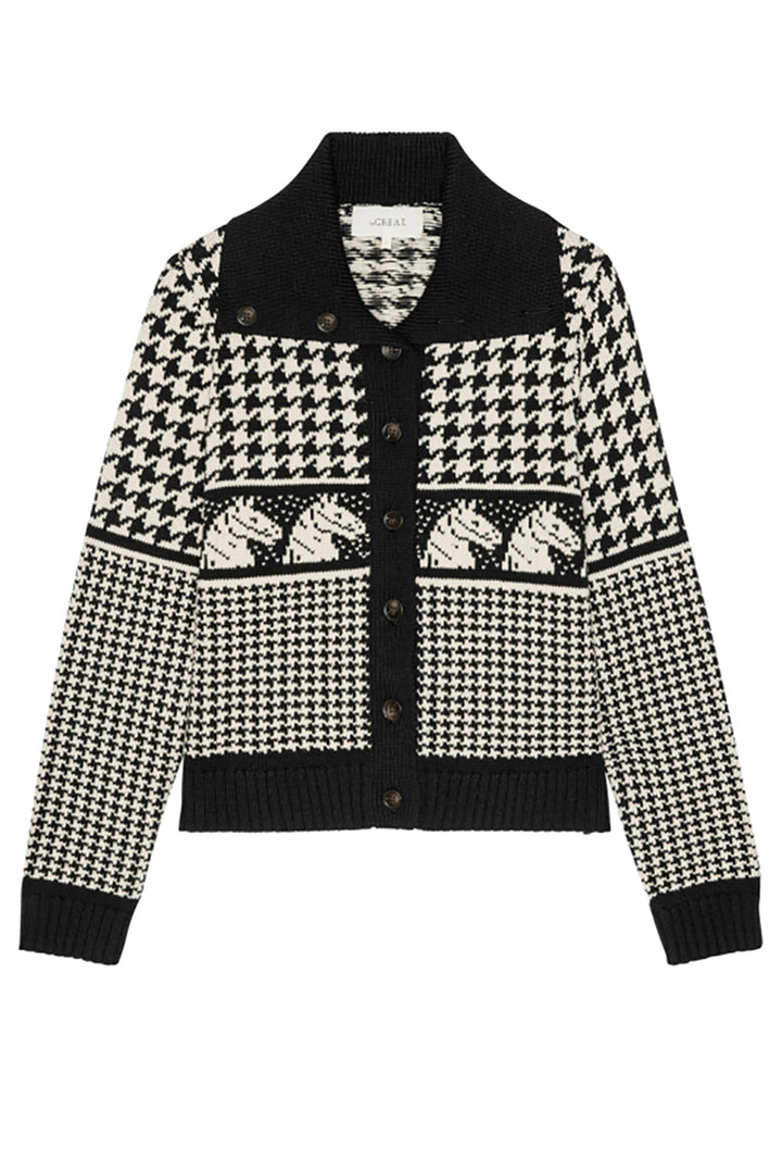 The Great Pony Cardigan in black and white houndstooth knit with horse motif and button front