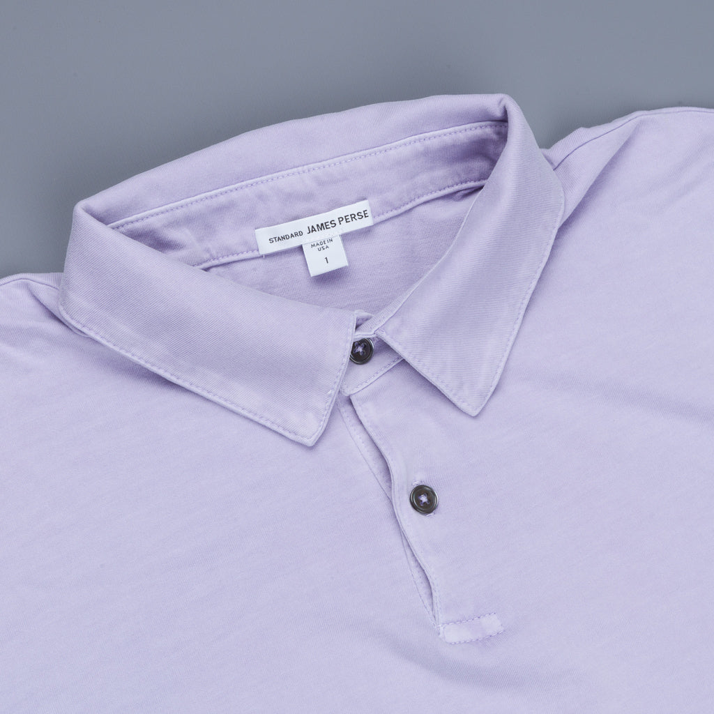James Perse lavender purple polo shirt collar and button detail close-up