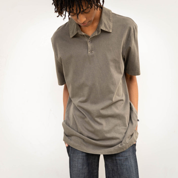 James Perse olive green polo shirt with collar and partial button placket