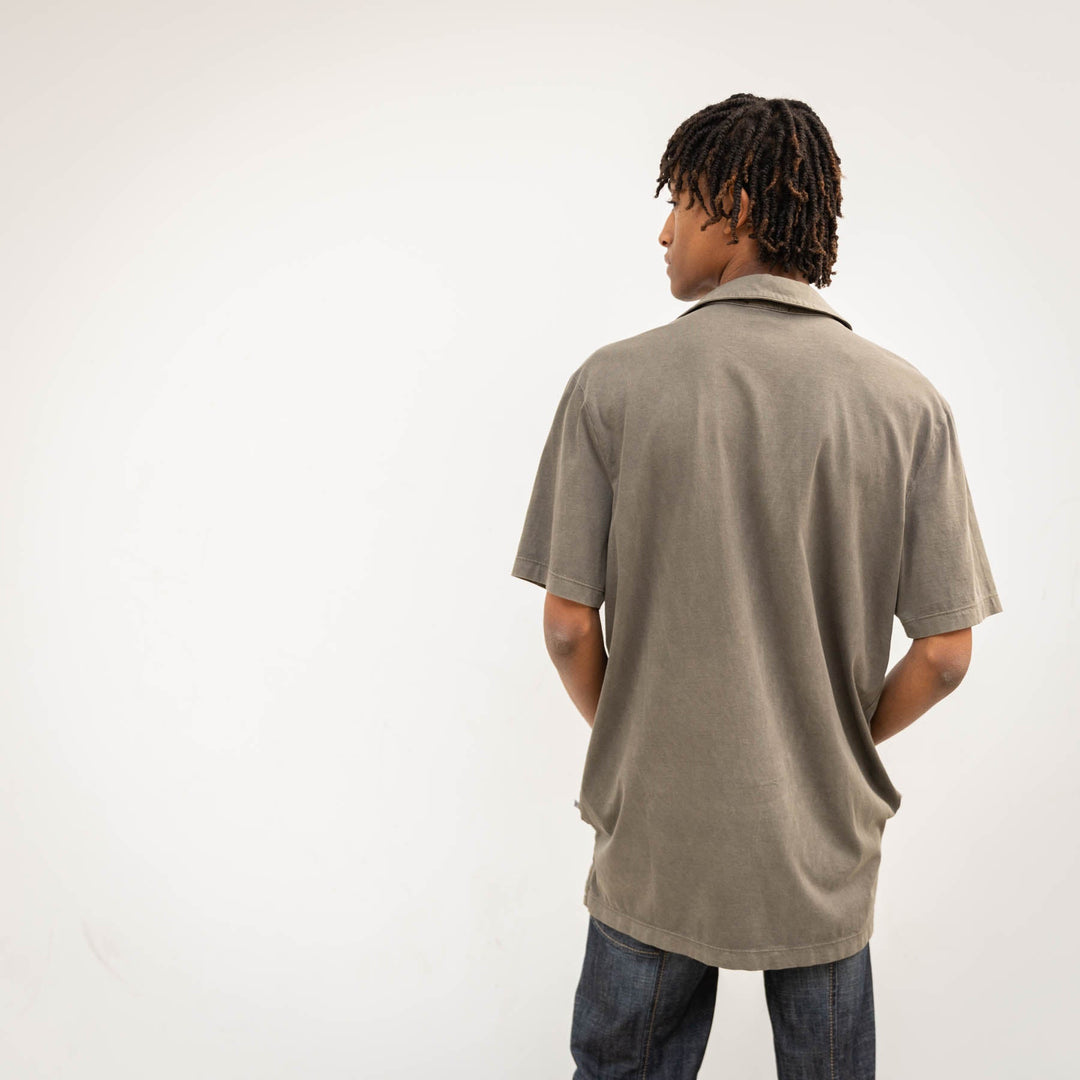 James Perse Revised Standard Polo in olive green, back view on model