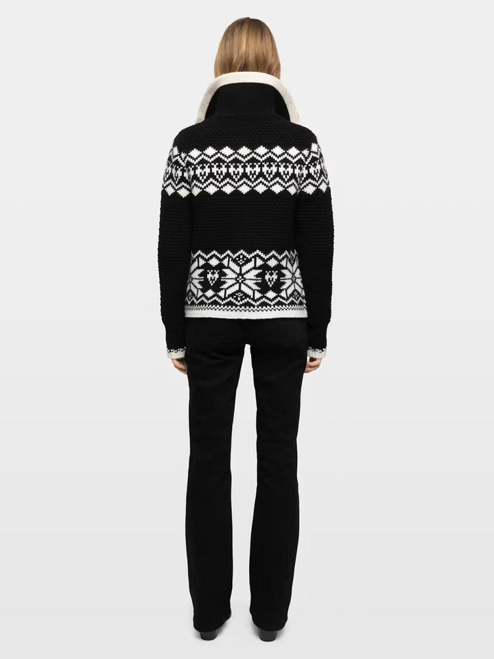 Black and white Fair Isle knit sweater with Nordic pattern shown from back view
