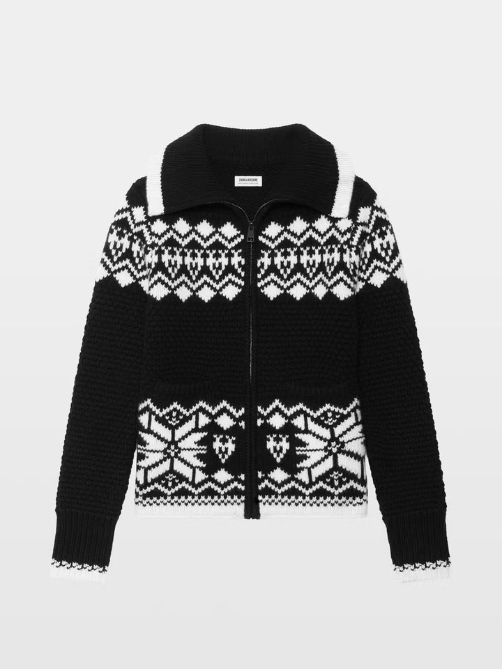 Zadig & Voltaire Gildas black and white Fair Isle zip-up knit cardigan sweater