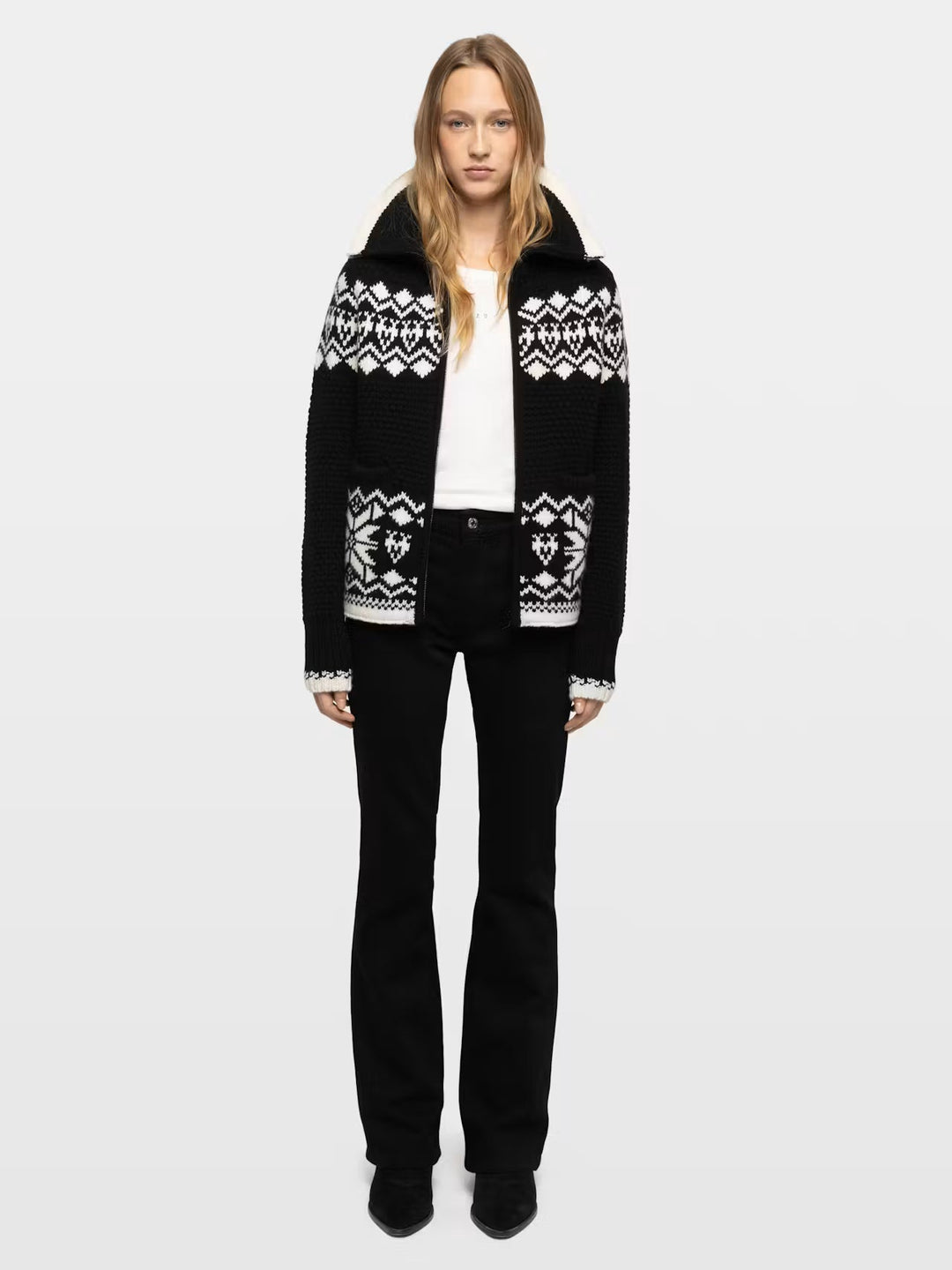 Zadig & Voltaire Gildas black and white Fair Isle knit cardigan with shearling collar on model