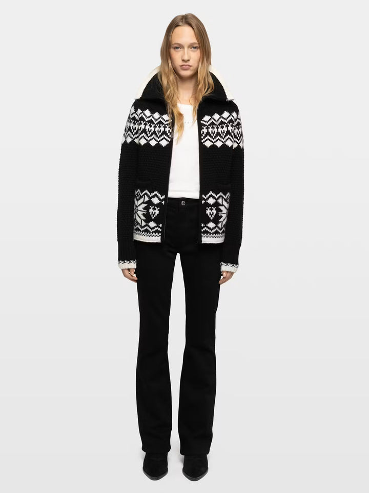 Zadig & Voltaire Gildas black and white Fair Isle knit cardigan with shearling collar on model