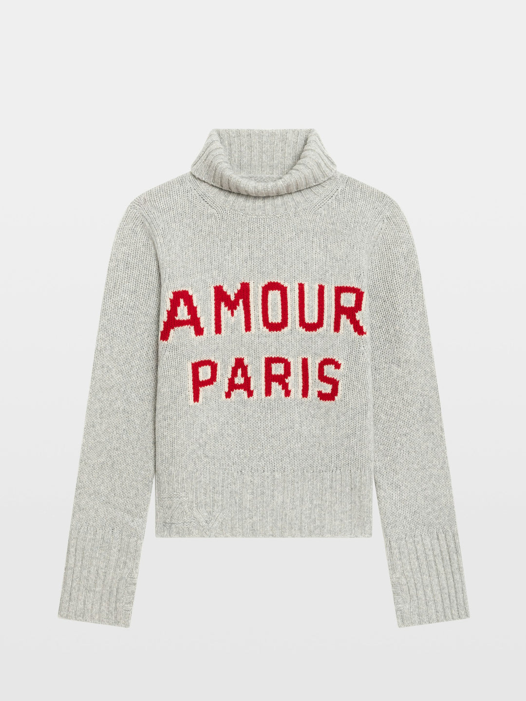 Zadig & Voltaire Nalma grey turtleneck sweater with red Amour Paris intarsia knit lettering
