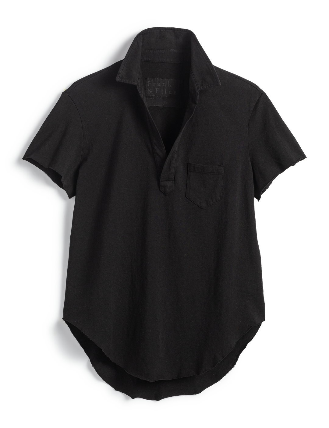 Frank & Eileen Charlotte black short-sleeve polo shirt with chest pocket on white background