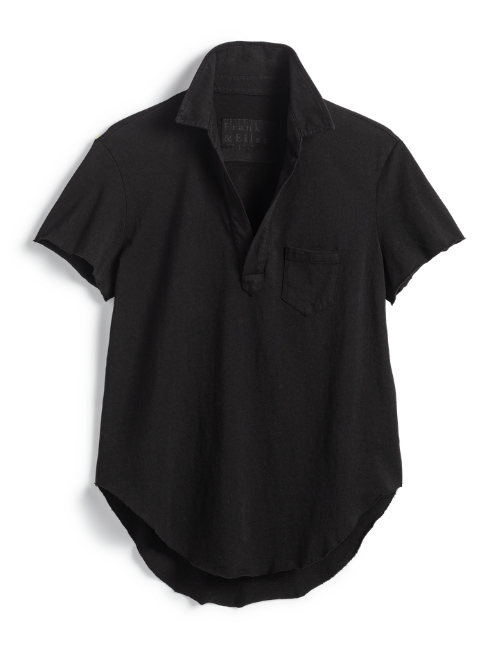 Frank & Eileen Charlotte black short-sleeve polo shirt with chest pocket on white background