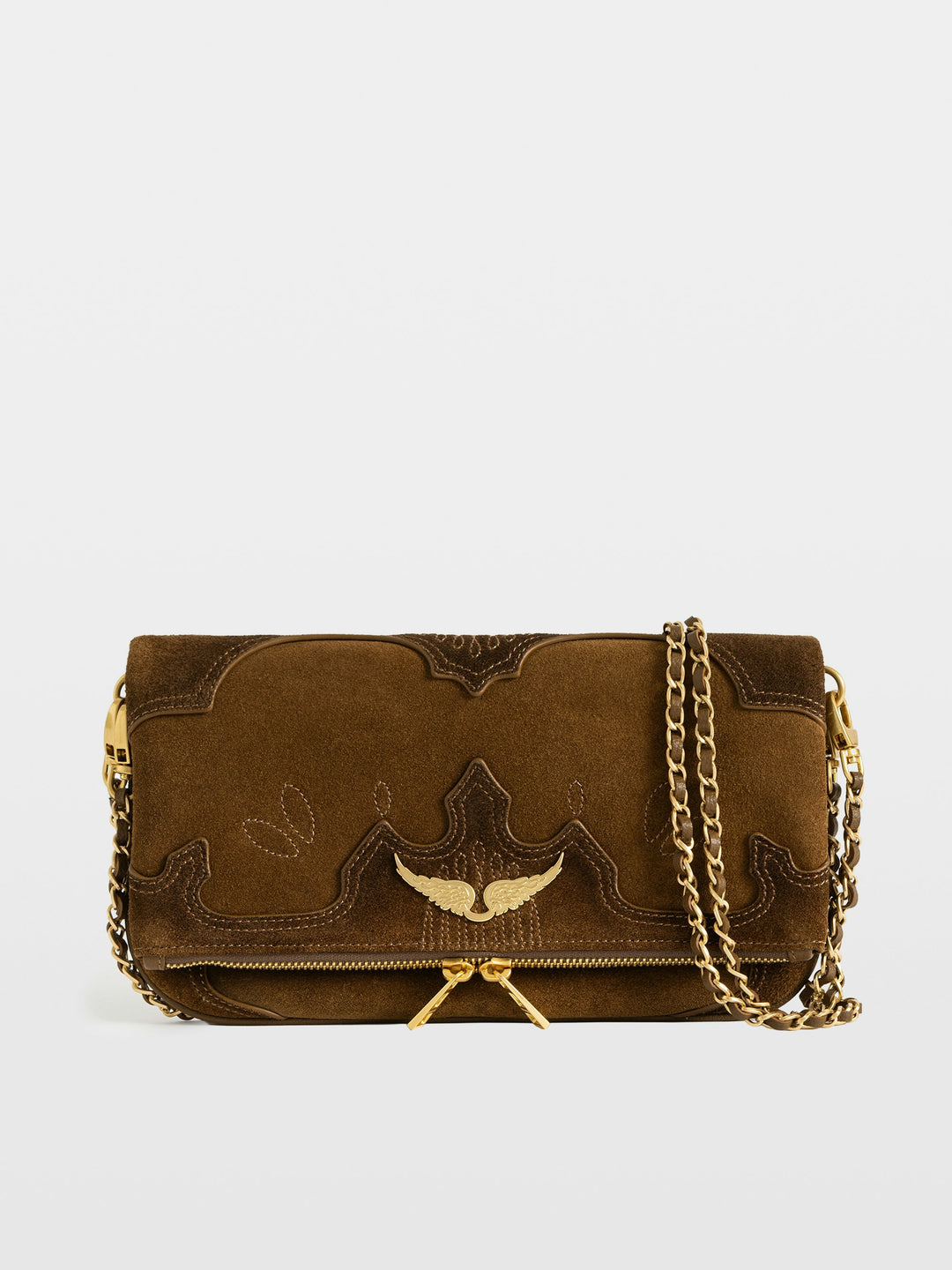 Zadig & Voltaire Rock Western brown suede clutch bag with gold chain strap and wing hardware