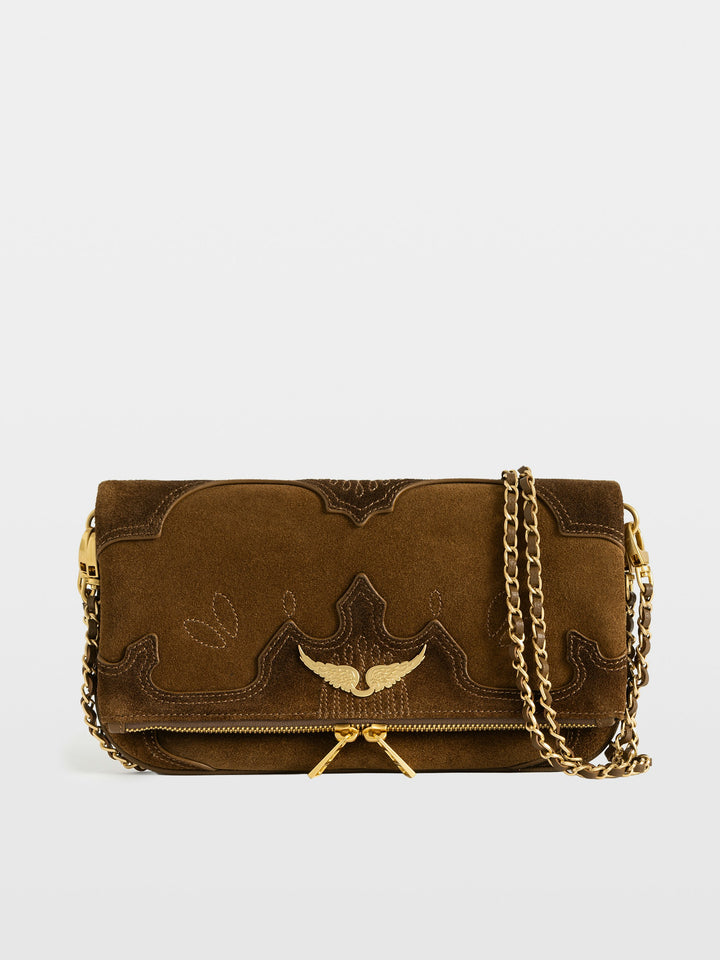Zadig & Voltaire Rock Western brown suede clutch bag with gold chain strap and wing hardware
