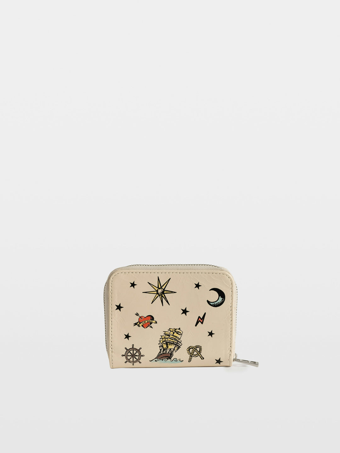 Zadig & Voltaire Mini ZV Tattoo cream leather zip wallet with nautical tattoo-style illustrations