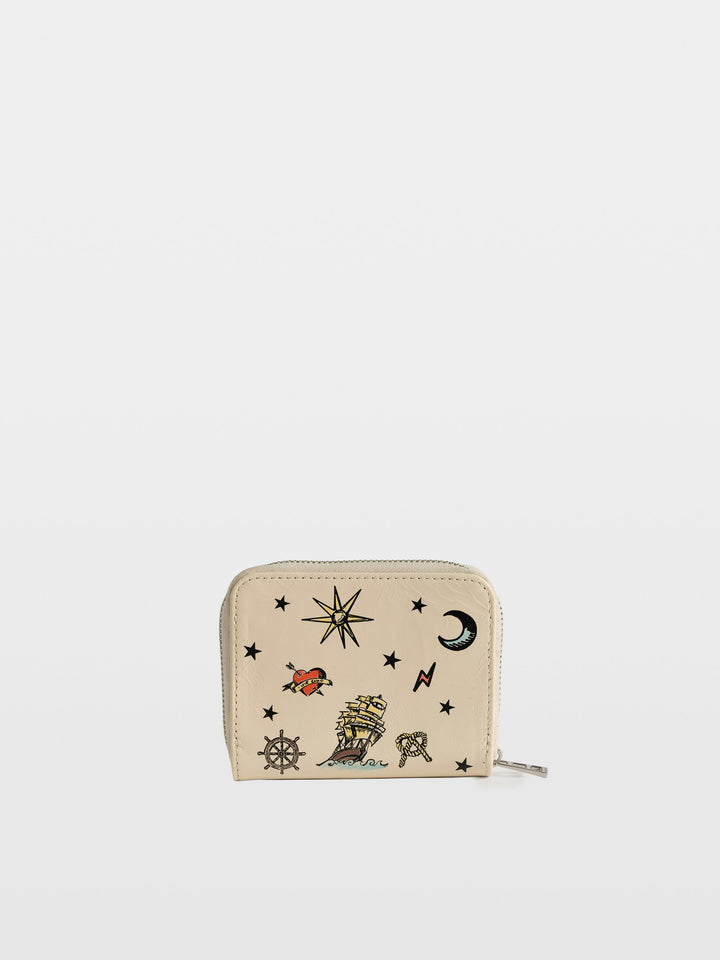 Zadig & Voltaire Mini ZV Tattoo cream leather zip wallet with nautical tattoo-style illustrations
