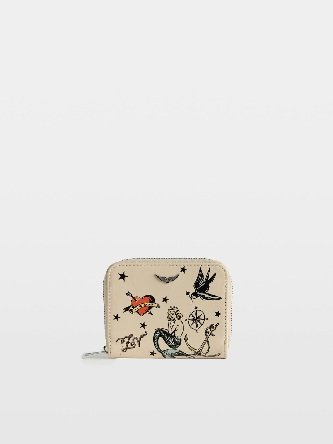 Zadig & Voltaire Mini ZV Tattoo cream leather zip wallet with nautical tattoo print