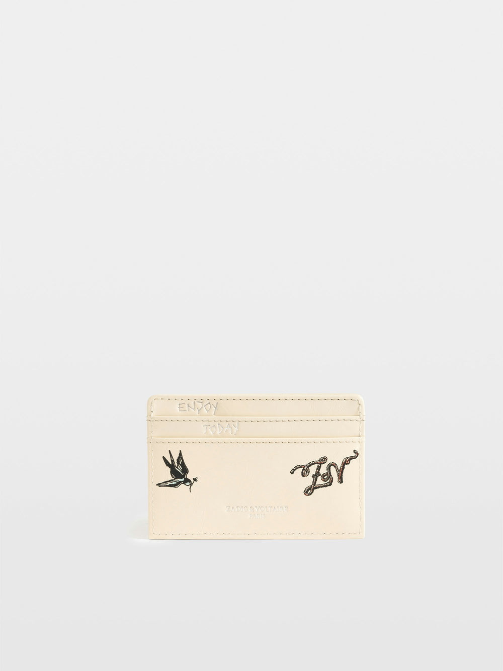 Zadig & Voltaire cream leather card holder with tattoo motifs and ZV logo