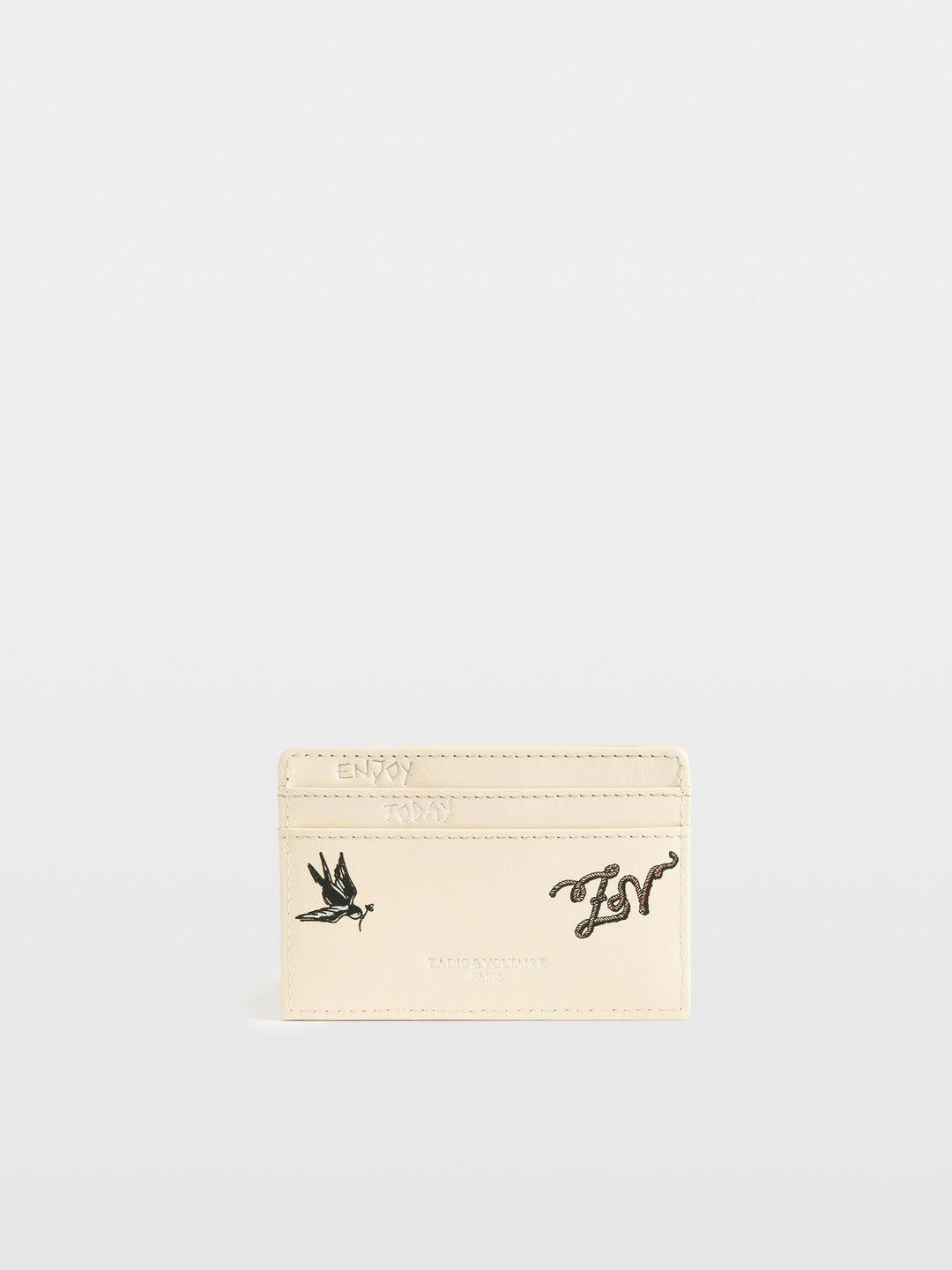 Zadig & Voltaire cream leather card holder with tattoo motifs and ZV logo