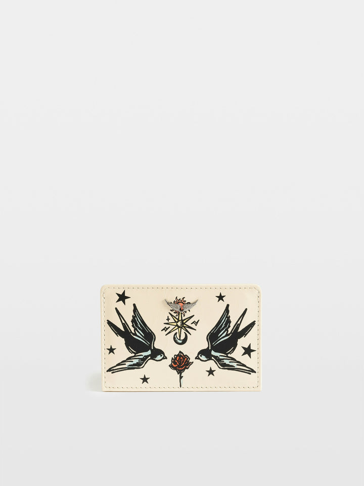 Zadig & Voltaire cream leather card holder with tattoo-style swallow birds and star print