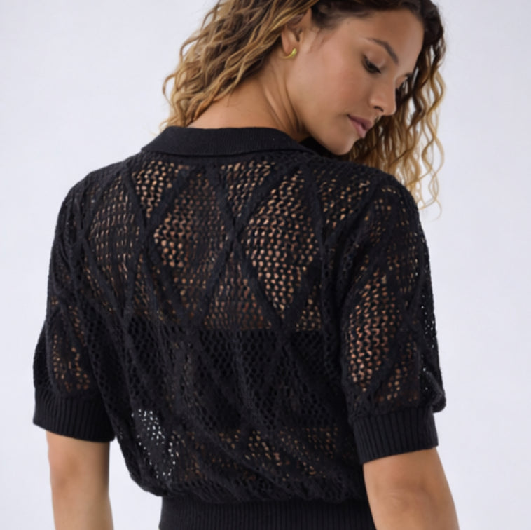 Black diamond mesh knit sweater with johnny collar and short sleeves