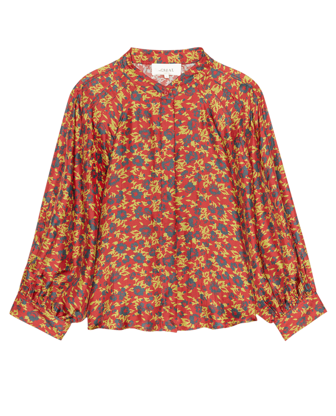The Great Ashland Top in red floral print with long balloon sleeves and band collar