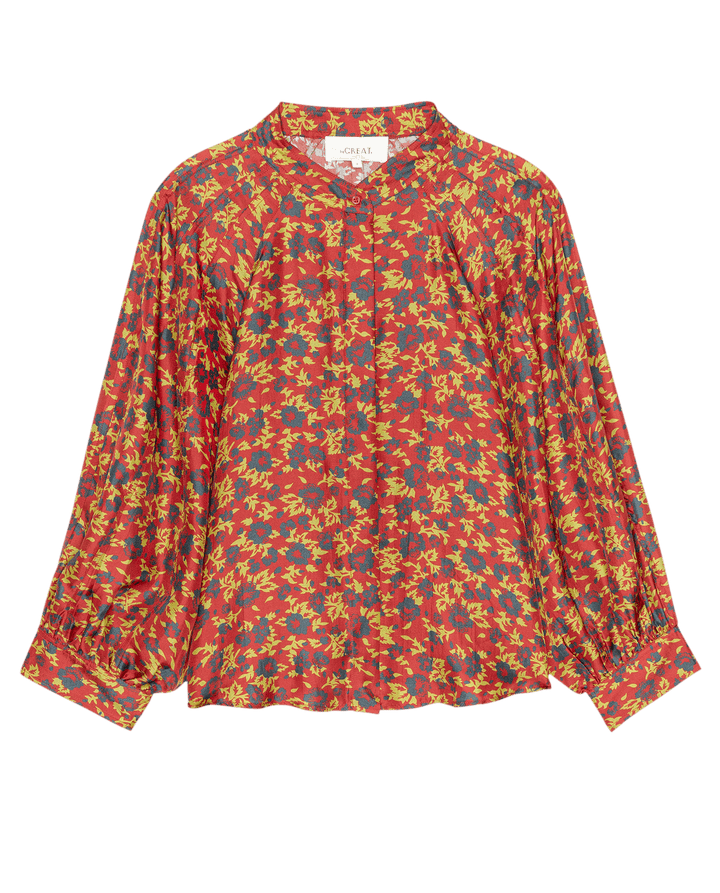 The Great Ashland Top in red floral print with long balloon sleeves and band collar