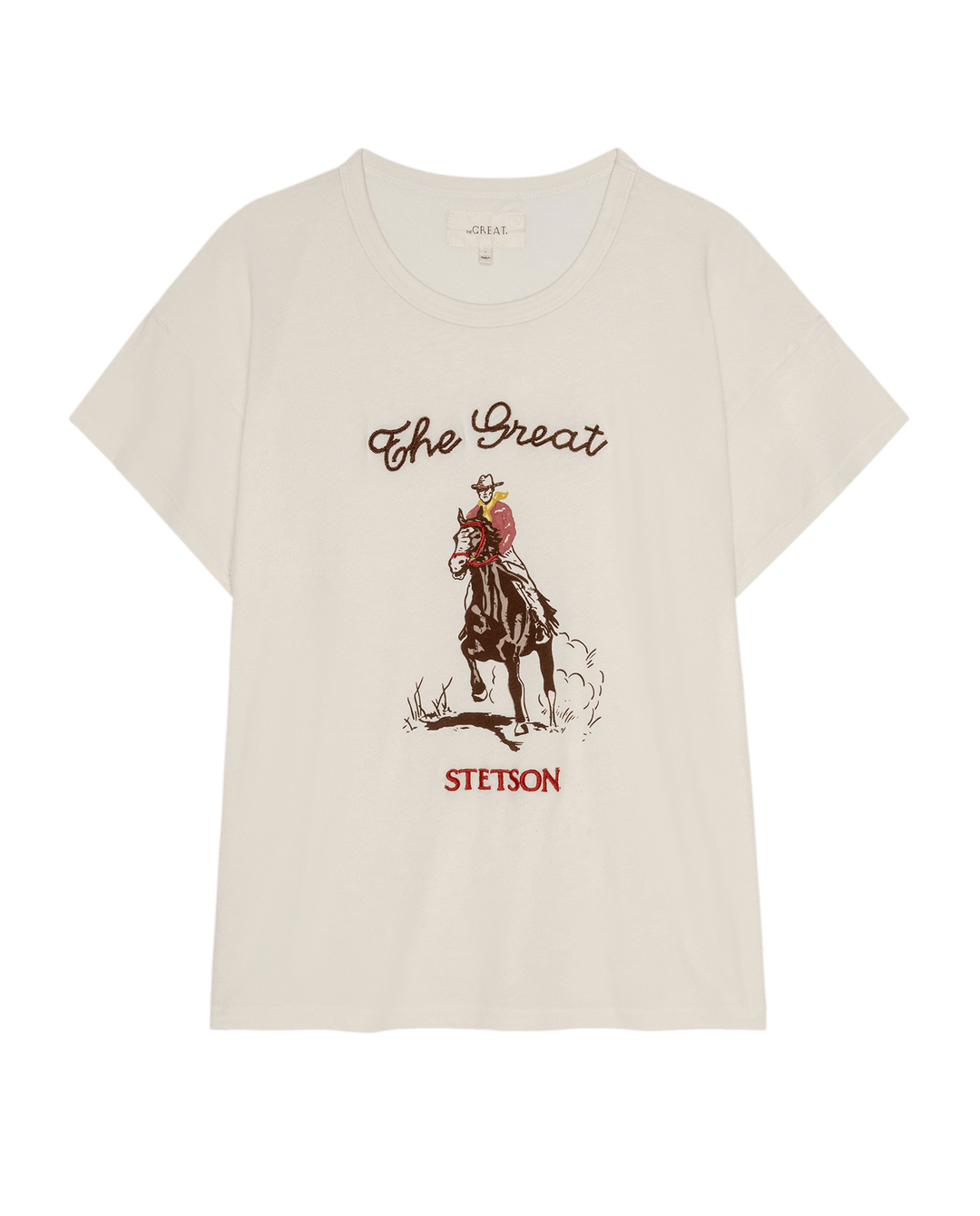 The Great boxy crew t-shirt in cream with western horse rider graphic and Stetson branding