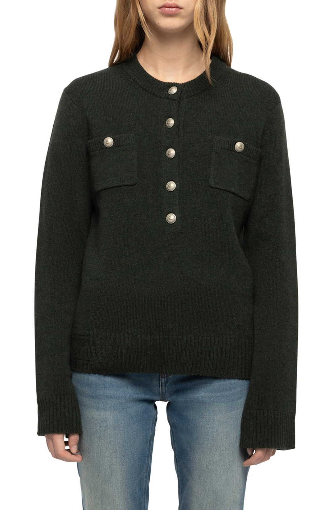 Zadig & Voltaire Lucala dark green knit sweater with silver buttons and chest pockets