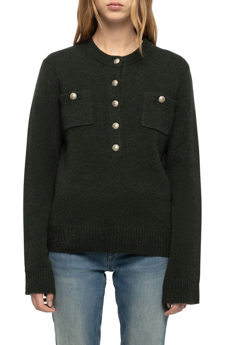 Zadig & Voltaire Lucala dark green knit sweater with silver buttons and chest pockets