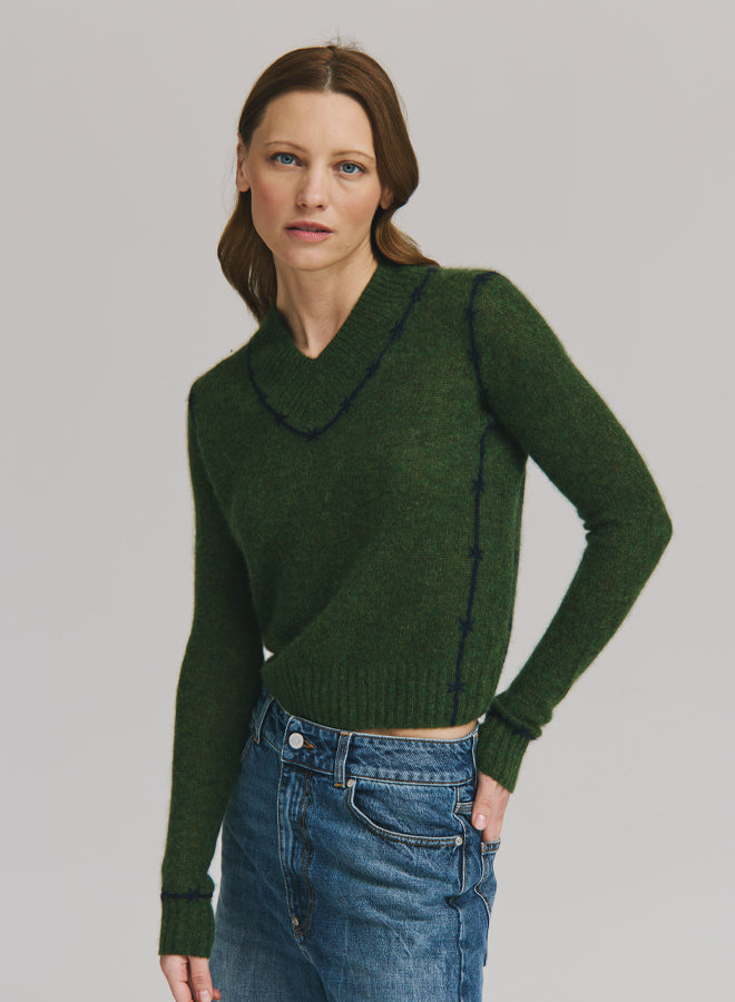 Autumn Cashmere W Fitted V Embroidered Seam